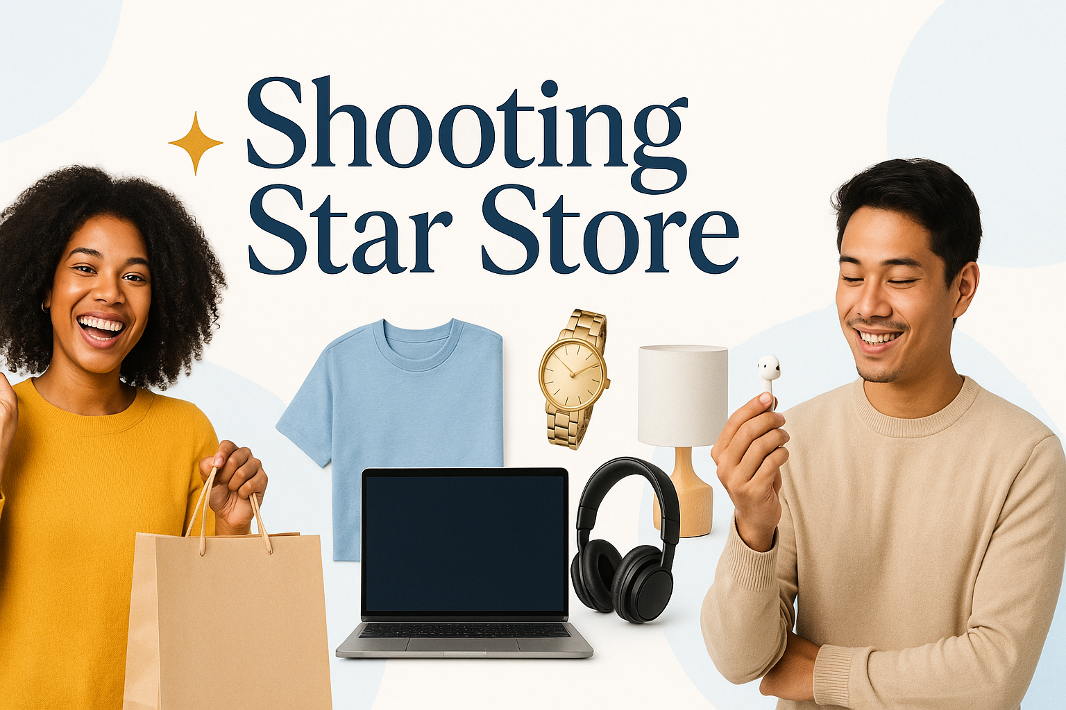 a good banner with our store name with some products displaying and 2 happy consumers